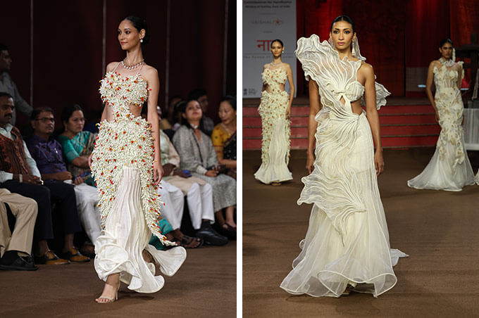 Gowns on display from the white capsule.
