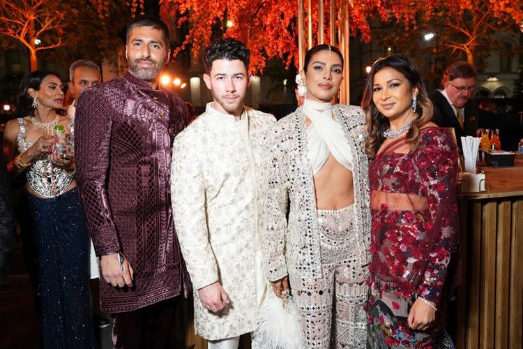 Furhan Ahmad, Nick Jonas, Priyanka Chopra Jonas, and Anjula Acharia at the All That Glitters Diwali Ball.