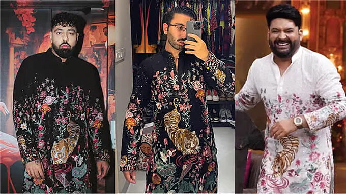 (L-R) Punjabi singer-songwriter Badshah, social media influencer Orry and TV personality Kapil Sharma spotted wearing Mishra’s unauthorised counterfeits.

