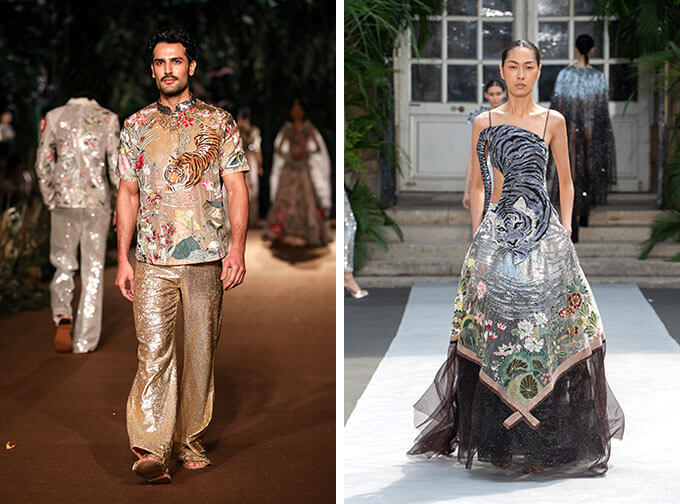 Models on runway featuring Rahul Mishra's signature Tigress motif and Sunderbans floral embroideries from his 'We The People' couture collection.