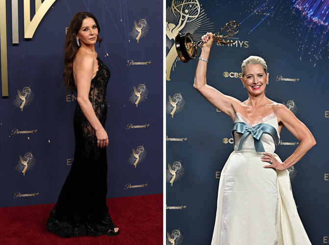 (L)Welsh actress Catherine Zeta-Jones and (R)American actress Katherine LaNasa holding her award for outstanding supporting actress in a drama series for 'The Pitt'.