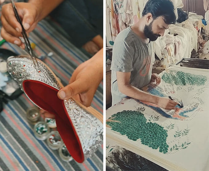 Aafiya khan making Silver footwear is the only woman in family taking this tradition forward; Batik dyeing by Hayat Gutti from Ujjain.