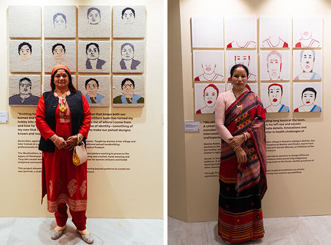 Guma Devi from The Wool Knitters and Monika Rabha from Saneki Weaves posing against the handwoven passport photos