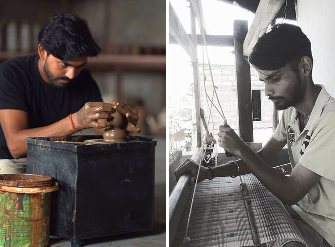 Ishver Singh Prajapat from Rajasthan shaping clay through traditional pottery and Ashwin Siju from Bhujodi, Kutch weaving tradition through extra weft artistry.