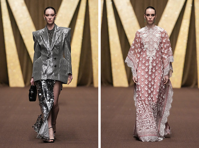The collection featured pearls and dense embroideries on rich fabrics.