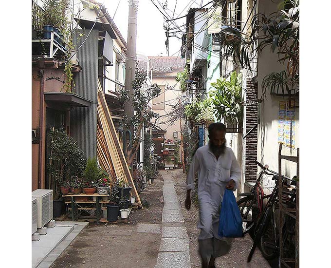 Photoshopped image by Matias Echanove featuring collage of a Tokyo street (Ikebukuro on the left) and a Mumbai street (Dharavi on right).