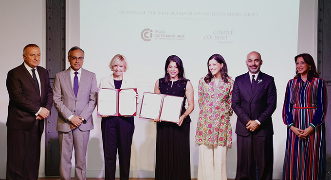 (From left) Marc-Antoine Jamet, Sanjeev Singla, Benedicte Epinay and Payal Kanwar with Eleonore Caroit, Anurag Tyagi and Srimoyi Bhattacharya at the MOU signing.